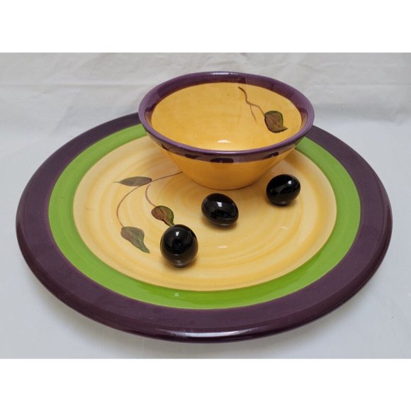 Vintage Cali Ceramic Pottery Serving Plate w/ Attached Bowl  - Olive Design - 1B - Picture 2 of 14